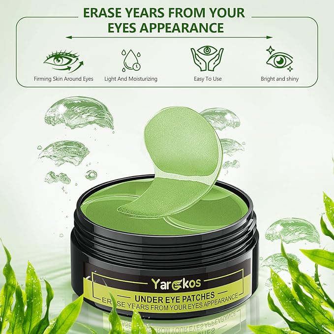 60 Pcs Green Under Eye Patches, 30 Pairs Undereye Mask for Dark Circles Puffy Eyes Treatment, Collagen Gel Pads Hydrating for Eye Bags Puffiness Wrinkle, Women Men Beauty Skin Care Products