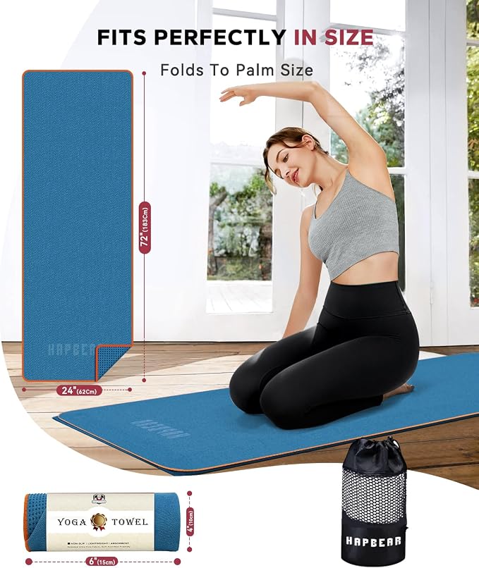 HAPBEAR Hot Yoga Towel with Non-Slip Grip Dots, 72" x 24" - Super Absorbent, Soft Microfiber Yoga Mat Towel for Bikram, Gym, Pilates - Blue