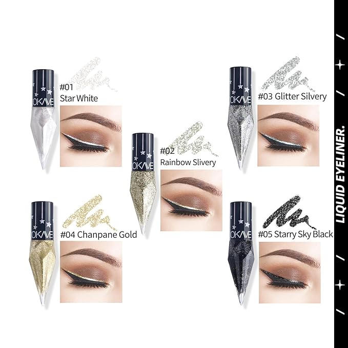 Glitter Liquid Eyeliner Colorful Set, 5 Colors Metallic Shimmer White Black Silver Gold Grey Eyeliner Waterproof Long Lasting Sparkle Glitter Liquid Eyeshadow Dazzling Valentines Eye Makeup for Women