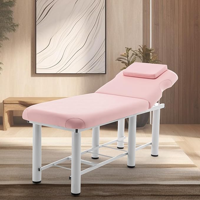 Professioanl Massage Table w/Adjustable Backrest for Treatment Table Spa Facial Bed Barber Beauty Equipment, Metal Frame PU Leather, Removable Headrest Salon Bed, Pink