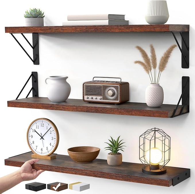 BAYKA 23-in Floating Wall Shelves, Rustic Wood Wall Shelves for Bedroom, Bathroom, Kitchen & Living Room, Display Shelf for Books, Plants & Decor (Rustic Brown)