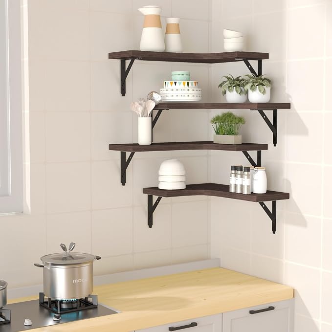 ROMGUAR CRAFT Corner Floating Shelves Wall Mounted Set of 4, Rustic Wood Storage Display Shelves for Home Decor, Bathroom, Kitchen, Bedroom, Living Room, Office (Brown)