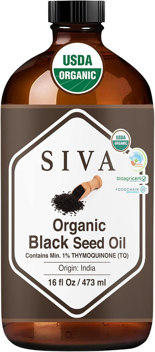 Siva Black Seed Organic Oil 16oz (473ml) Premium Cold-Pressed Organic Carrier Oil for Face, Skin Care, Body Massage, Hair Care, Hair Oiling & Scalp Massage