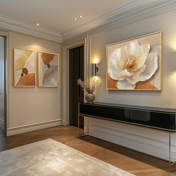 Extra Large Framed Modern Elegant Gold Floral Wall Art for Living Room, 3 Piece Bright Style Art Prints Paintings Artwork for Walls, Gold Frame Luxury Pictures for Hallway Stair Office Wall Decor
