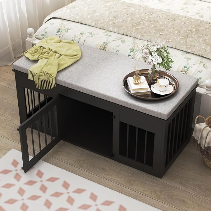 47.2" Large Dog Crate Furniture for Small Medium Dogs, Black | Indoor Furniture Style Wooden Dog Crate Kennel Cage House, End of Bed Bench Ottoman with Cushion,for Bedroom, Living Roome