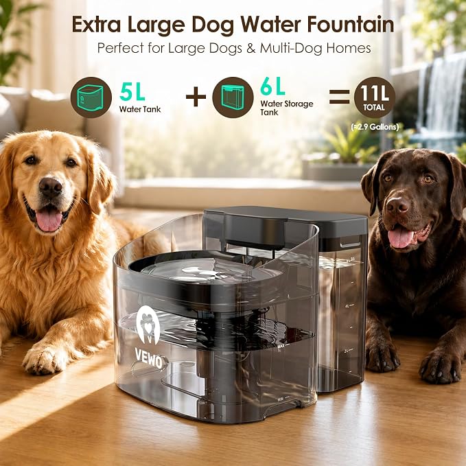 11L/372oz Large Dog Water Fountain, No Spill Automatic Dog Water Bowl Dispenser with Multi-Layer Filtration, Flowing Dog Water Dispenser with Deep Basin, BPA-Free, Ultra Quiet and Easy to Clean