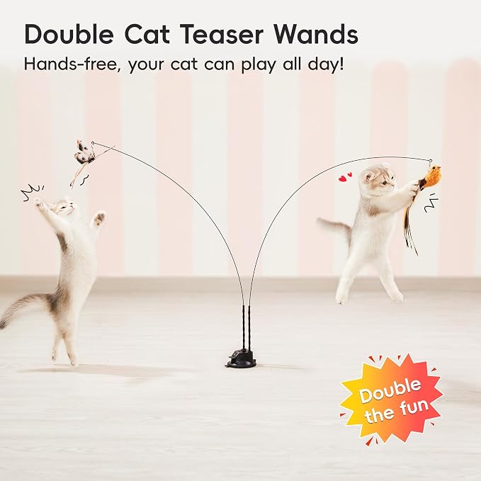 Potaroma Suction Cup Cat Wand Toys, Dual-Wand Interactive Kitten Toy | For Indoor Cats with 5 Pcs Feathers Balls Attachments, Charcoal Base