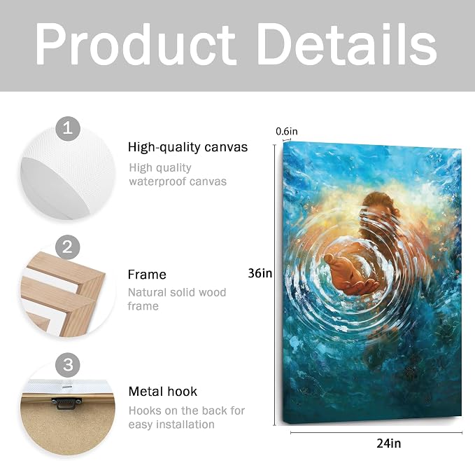 Framed Jesus Christ Canvas Wall Art The Hand of God Jesus Reaching Into Water Christian Painting Prints Biblical Wall Decor Religious Room Decor for Church Prayer Room Schools Hospitals 20"x30"
