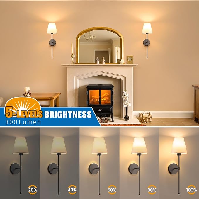 Battery Operated Wall Sconce Set of 2,Black Rechargeable Wall Lights with 10400mAh Dimmable Bulbs and Remote,10 Colors Wireless Wall Lamps for Bedroom Living Room Hallway Decor