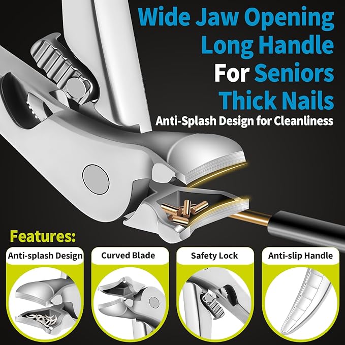 Thick Toenail Clippers, Long Handle Angled Stainless Steel Heavy Duty Toenail Clippers for Thick Toenails, Curved Blade Extended Toe Nail Clippers for Thick Nails for Seniors, Men, Women