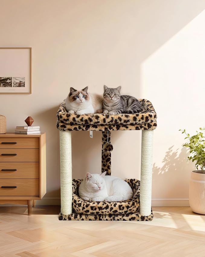 SYANDLVY Leopard Print Cat Tree with 2 Levels Perch Platforms for Kittens | Natural Sisal Scratching Post Tower with Hanging Bell Ball & Anti-Tip Strap, Stable Cat Furniture for Indoor Cats