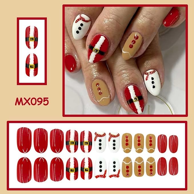 Christmas Press on Nails Red White Fake Nails with Button Design Santa Claus Glue on Nail Artificial Acrylic Glossy Full Cover Xmas Short Almond Stick on Nail for Women Girls Manicure 24Pcs