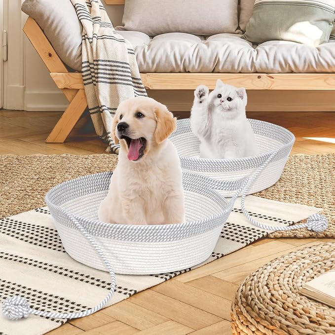 Cat Bed, Cotton Rope Instinct Basket for Cats, Handwoven Cat Beds | Stimuli Handwoven Basket for Cat, Pet Sleeping Bed with Rope Ball, Puppies, Rabbits and Small Pets(Large, Gray & White)
