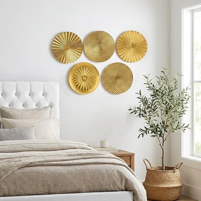 Briful 12" Gold Wall Décor Pack of 5 Metal Starbursts Radial Plate Wall Art Modern Accent Hanging Wall Decorations For Home Office Bedroom Or Living Room Sculptures