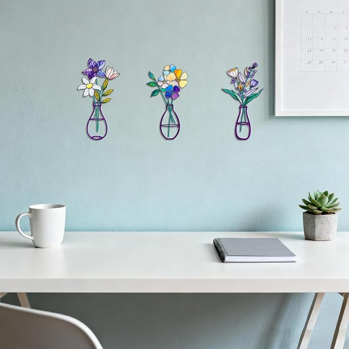 3 Pcs Metal Flowers Wall Arts,Metal Vase Wall Art,Iron Art Painting,Rustic Farmhouse Decor Minimalist Flower Wall Decor for Bedroom Bathroom Living Room Dining Room (Set F)