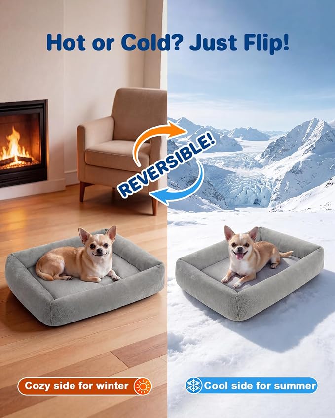Cooling Dog Bed for Small Medium Cats - Removable Inner Cushion & Reversible Design (Ice‑Silk Cooling Layer | Sherpa Fleece Layer), Non‑Slip Bottom Washable Cooling Mat for Dogs Cats Crates 20" × 14"