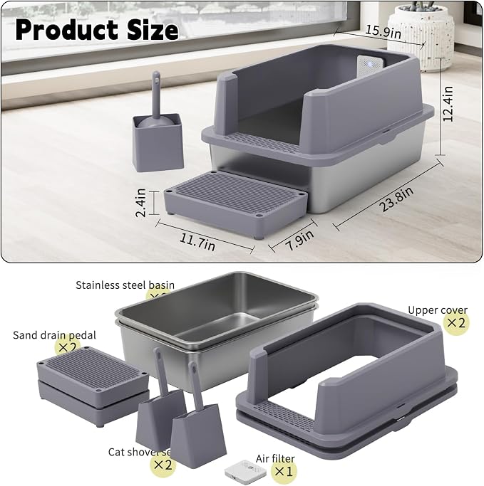 RIZZARI Stainless Steel Litter Box: Leakproof 2-Pack High Walls for Cats | 6.5" Anti-Spill Walls / Dual Filtering Holes / 304 Non-Absorbent Base / Teflon Easy-Clean / Built-In Deodorizer