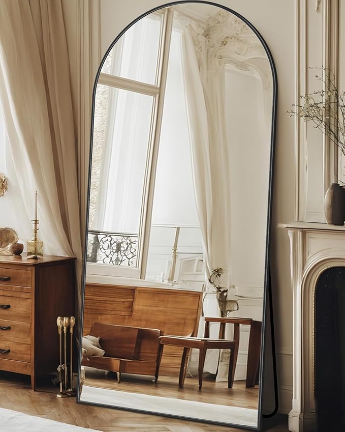 Antok 68" x26” Arched Full Length Floor Mirror, Black Aluminum Frame, Free Standing/Wall Mount/Leaning for Bedroom, Living Room, Dressing Room