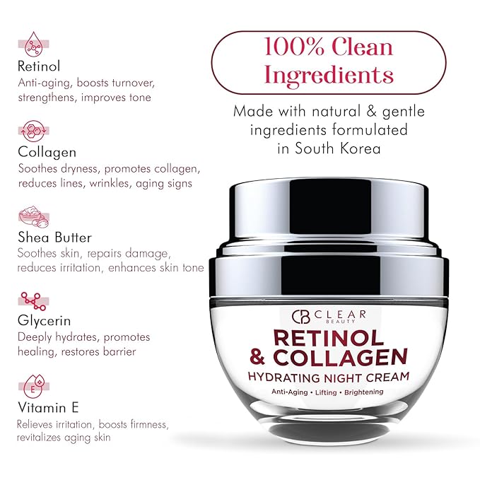 Clear Beauty Retinol & Collagen Night Face Moisturizer - Dermatologist Tested, Moisturizes, Reduces Wrinkles & Fine Lines, Hydrating Cream, Cruelty-Free Korean Skin Care, All Skin Types - 1.69 oz