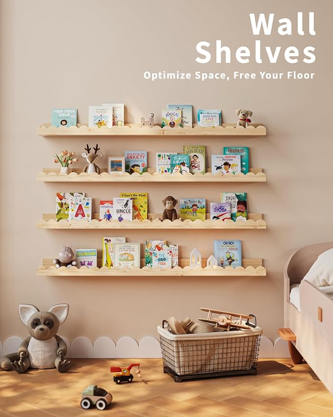 Shario Nursery Book Shelves, 4-Pack Wood Floating Shelves for Wall Kids, Scalloped Shelves, Wall Book Shelves for Bedroom Kids, Toddler Room, Baby Room, Nursery Decor(Wood, 36 Inches)