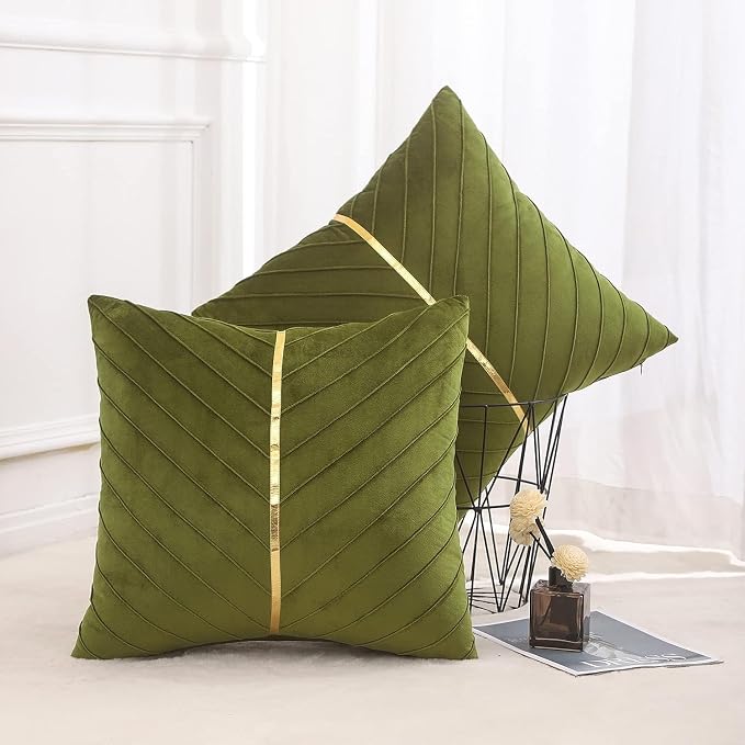 Velvet Throw Pillow Covers 18x18 Pack of 2 Gold Decor Olive Green | Soft Solid Pillow Covers,Modern Luxury Home Decor,for Couch Chair Sofa Bedroom Livingroom,Hidden Zipper,Ideal Gift,Easy Care