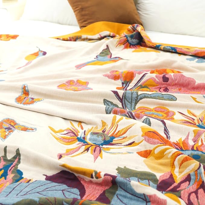 VANJOROY Boho Large Throw Blanket for Bed Couch, 100% Organic Cotton Soft Queen Throw-Floral Butterfly Decor Fall Blanket for Sofa Quilt and Gift, 80" x 90"-Beige