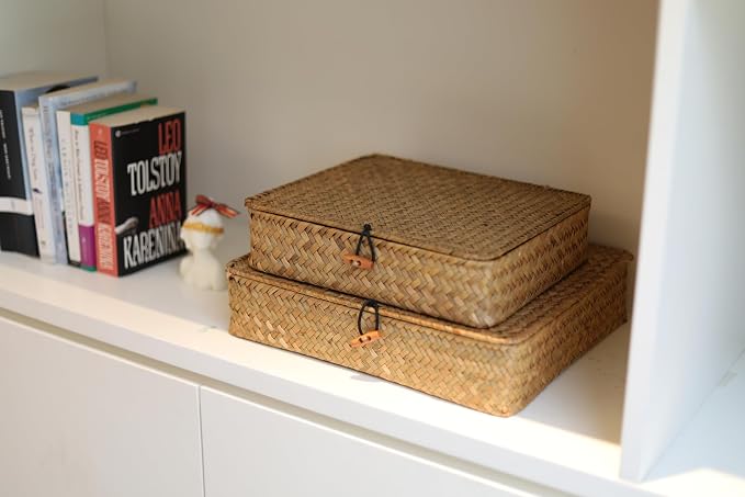 Flat Seagrass Storage Bins with Lid, Wicker Basket for Shelf Organize, Set of 2 (Small+Large)
