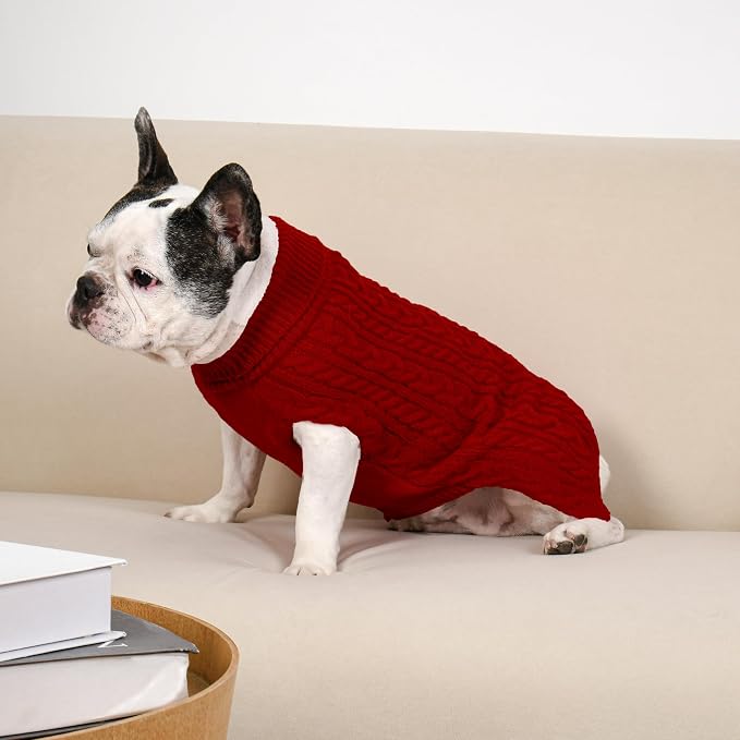 Dog Sweater 2 Pack for Medium Dogs, Size M, Red & Brown | Stretchy cable knit turtleneck, machine washable, high belly cut, comfy winter fit for French Bulldog, Pug