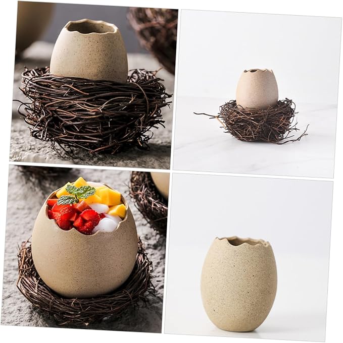Ciieeo Bird Nest Vase Eggshell Planter Ceramic Flower Pot with Rattan Nest 4.33 X 4.33 X 3.34 in for Succulents Cactus Bonsai Hydroponic Display Desk Windowsill Balcony Home Decor