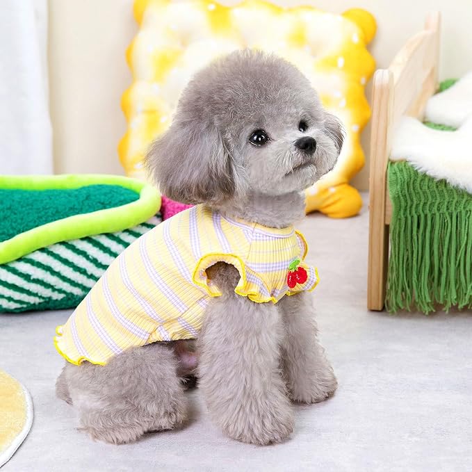 2 Pack Striped Small Dog T Shirt Cute Cherry Girl Dog Clothes for Small Dogs Cats Breatha ble Soft Cotton Pet Puppy Sleeveless Vest Spring Summer Pet Outfits（Pink+Yellow,Large）