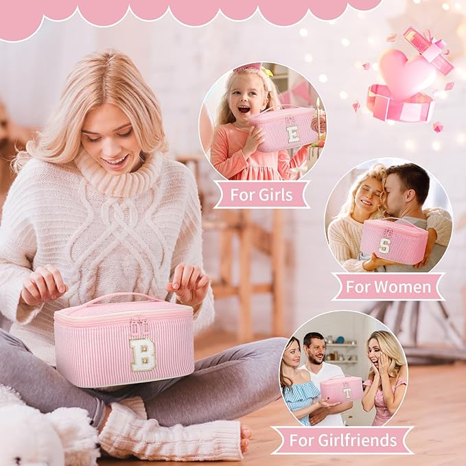 OCHEAL Makeup Bag Valentines Day Gifts for Women, Monogram Cosmetic Bag Pink Travel Makeup Case Beauty Toiletry Bag Organizer Personalized Gifts for Girls Bridesmaid, Sister, Wife, Friends Initial I
