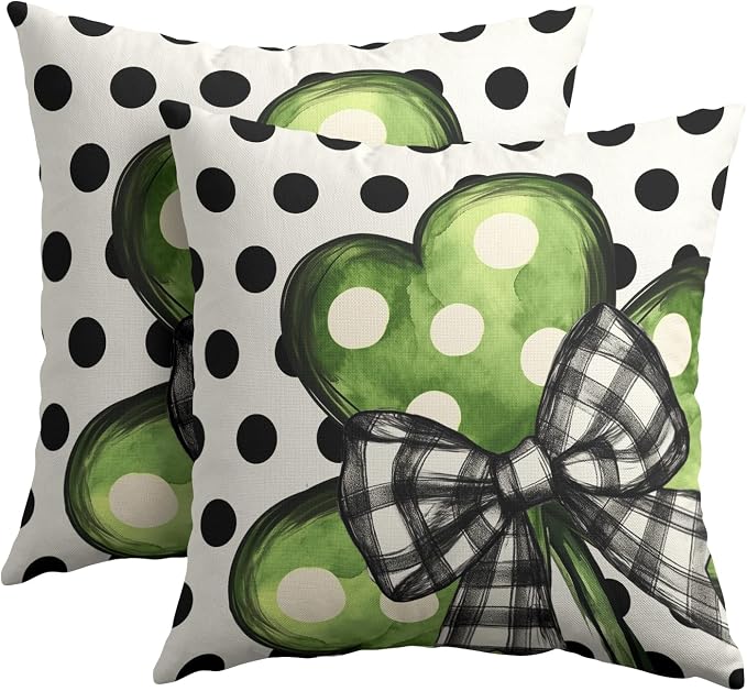 Kawani St Patricks Day Pillow Covers 16x16 Set of 2 Green Lucky Shamrock Leaf Polka Dots Pillowcase Cotton Linen Square Cushion Case for Couch Sofa Bedroom Living Room Outdoor Decor