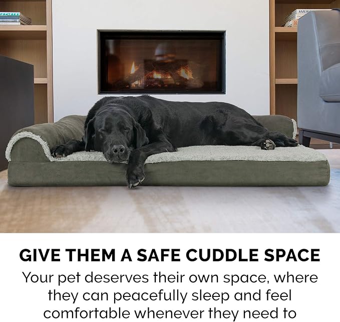 Furhaven Memory Foam Dog Bed for Medium/Small Dogs w/ Removable Bolsters & Washable Cover, For Dogs Up to 35 lbs - Two-Tone Plush Faux Fur & Suede L Shaped Chaise - Dark Sage, Medium