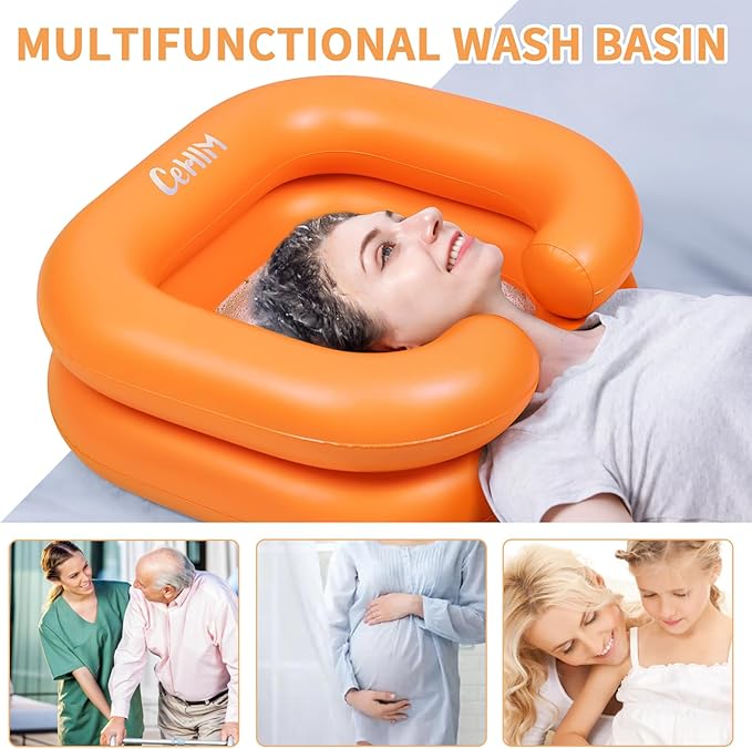 Inflatable Shampoo Basin - Portable Shampoo Bowl, Hair Washing Basin for Bedridden, Disabled,Injured, Hair Wash Tub for Dreadlocks and at Home Sink Washing (Orange)