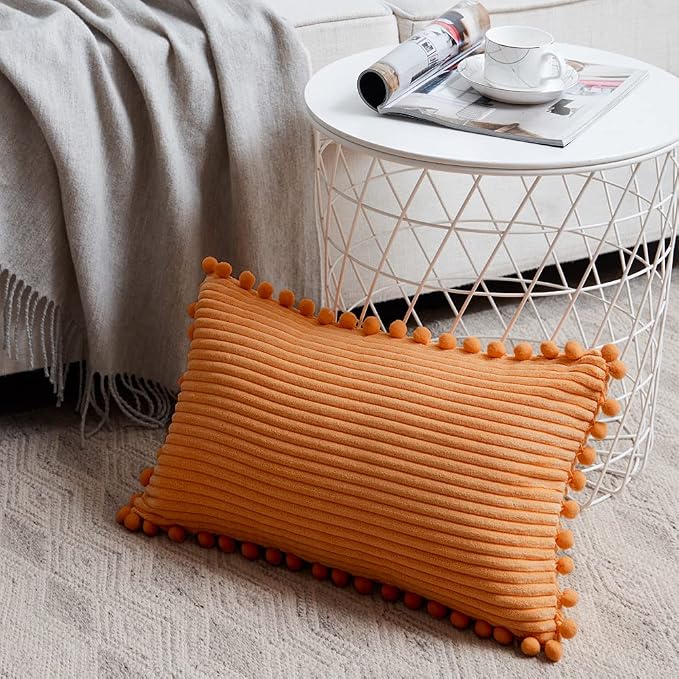Fancy Homi 2 Pack Burnt Orange Lumbar Decorative Throw Pillow Covers 14x24 Inch with Pom-poms for Couch Bedroom Sofa, Soft Corduroy Rectangle Cushion Case 35x60 cm, Farmhouse Boho Fall Home Decor