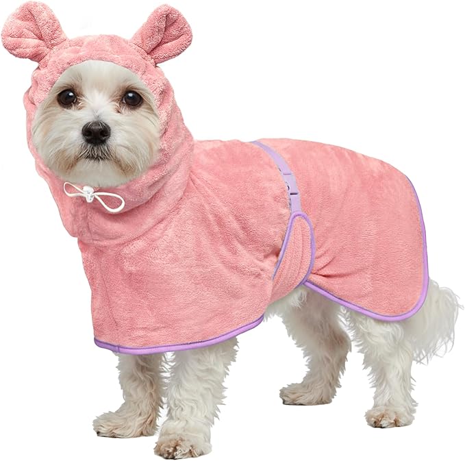 Dog Bathrobe Super Absorbent Towel Robe - Microfiber Bath Towels Fast Drying Coat for Dogs, Cute Dogs Clothes Adjustable Collar & Belly Strap Warm Keeping Hooded Dog Towel (Pink, Large)