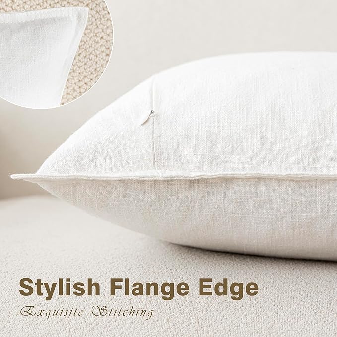 Foindtower Pack of 2, Decorative Linen Solid Throw Pillow Covers Soft Accent Cushion Case Boho Farmhouse Neutral Pillowcase for Chair Couch Sofa Bedroom Living Room Home Decor 18 x 18 Inch Cream White