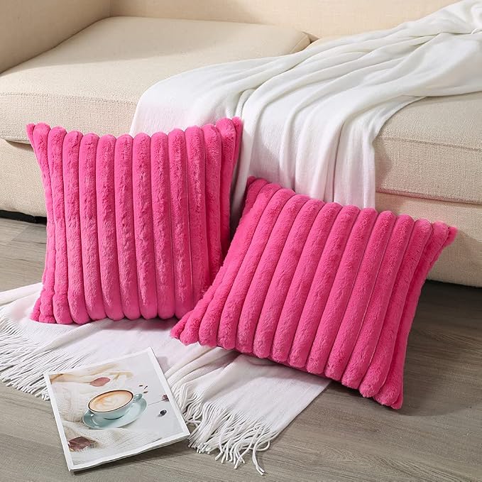 Soleebee Set of 2 Throw Pillow Covers Soft Cozy Velvet Pillowcase Faux Rabbit Fur Cover for Couch Sofa Bed Chair Home Decorative Pillows Cover (20x20 Inch, HOT Pink)