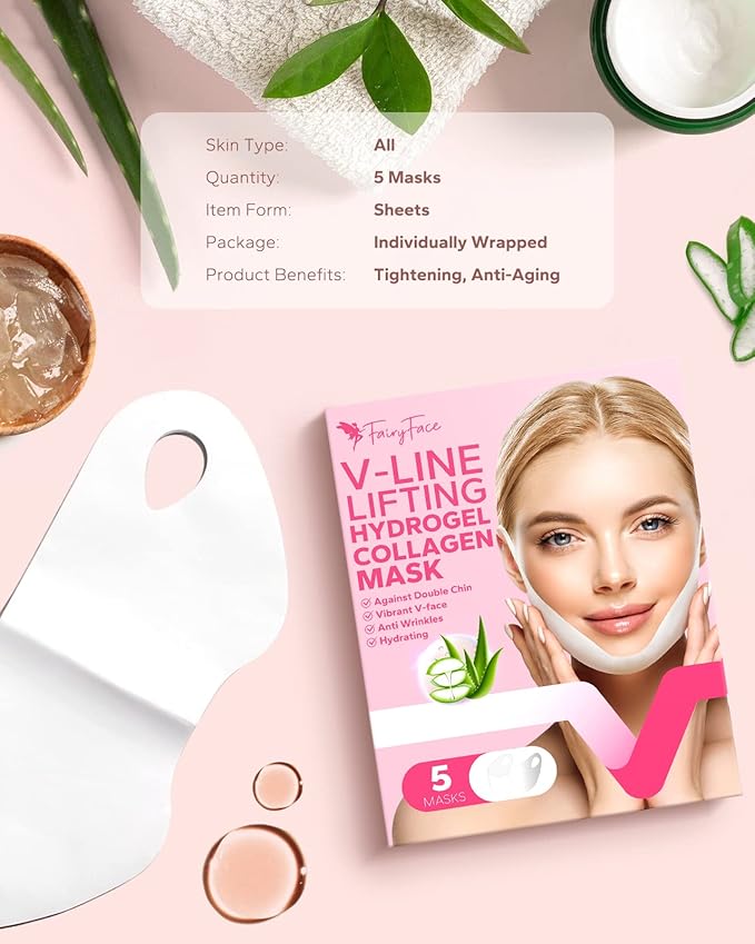 FairyFace V Line Shaping Face Masks (5 Count), Double Chin Reducer, Lifting Hydrogel Collagen Mask with Aloe Vera and Seaweed, Anti-Aging and Anti-Wrinkle