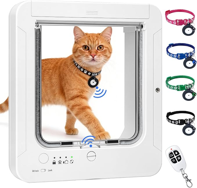 Smart Cat Door with 4 Collar Sensor Key, RFID Cat Door Collar Activated with Remote Control, 4 Way Locking Cat Flap Automatic Pet Door Interior & Exterior(White)
