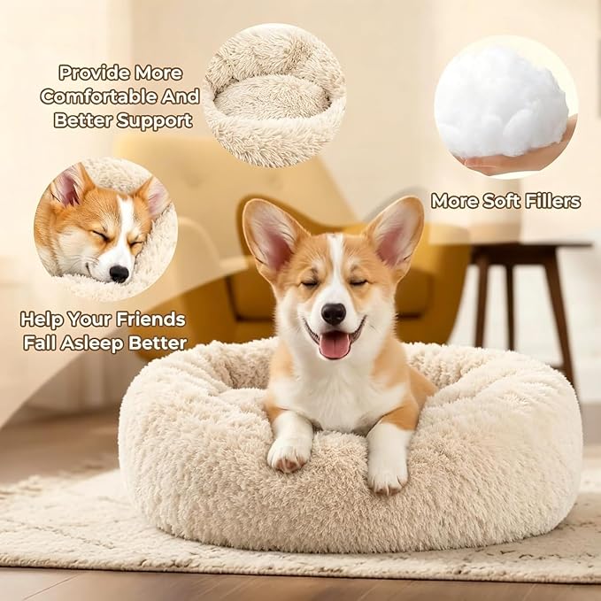 Calming Large Donut Dog and Cat Bed, Anti-Anxiety Round Soft Fluffy Plush Faux Fur Washable Anti-Slip Pet Bed for Medium Dogs Up to 35 lbs 28in Light-Brown
