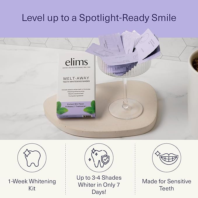 ELIMS Melt-Away Teeth Whitening Non-Toxic Strips for Sensitive Teeth - 14 Strips, 7 Treatments - Dissolving Mess-Free Application