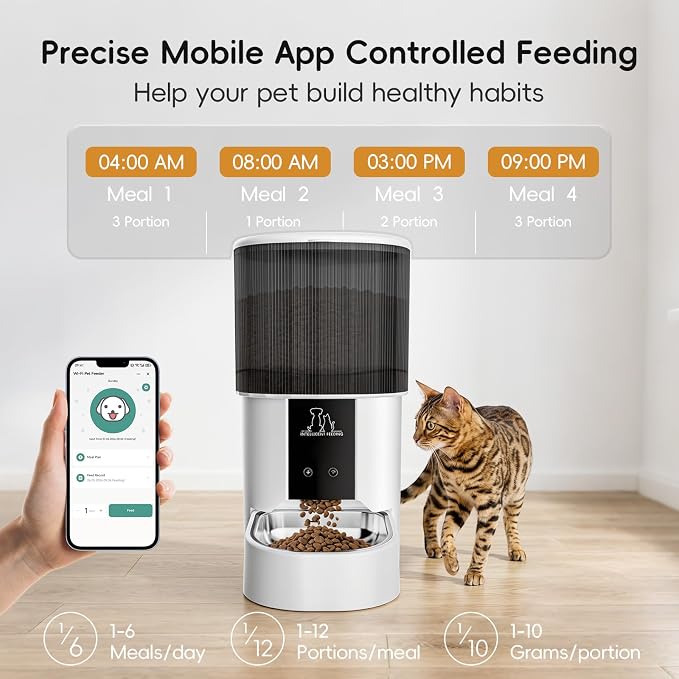 2.4G WiFi Automatic Cat Feeder, 4L/17 Cups Smart Food Dispenser | App Control, Timed 1-6 Meals & 1-12 Daily Portions, Stainless Steel Bowl, Clog-Free Design, Dual Power & Lock-Fresh Tech