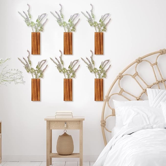 Nuanchu 6 Pack Wood Wall Planter Wooden Hanging Planter for Dried Flowers and Artificial Greenery Plants Wooden Pocket Vase Farmhouse Wall Decor for Indoor Hydroponics Plants (Natural, Wood Style)