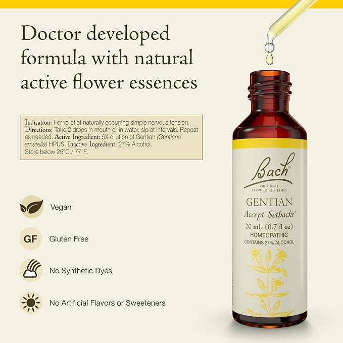 Bach Original Flower Remedies, Gentian - Accept Setbacks - Natural Homeopathic Flower Essence for Emotional Balance - Vegan, Gluten Free, Sugar Free - 20mL Dropper