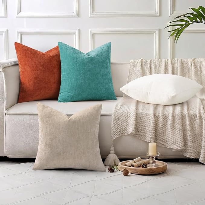 decorUhome Soft Chenille Turquoise Throw Pillow Covers 18X18 Set of 2 | Decorative Fall Couch Pillow Covers Solid Dyed Accent Modern Farmhouse Neutral Square Pillow Cases for Sofa