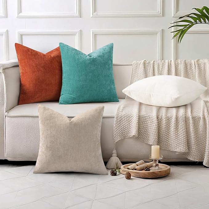decorUhome Soft Chenille Turquoise Throw Pillow Covers 22X22 Set of 2 | Decorative Fall Couch Pillow Covers Solid Dyed Accent Modern Euro Sham Farmhouse Neutral Square Pillow Cases for Sofa