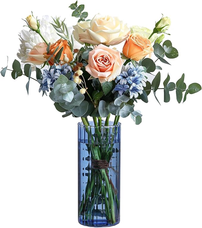 ComSaf Glass Cylinder Vase 8 Inch Tall, Blue Ribbed Decor for Centerpieces | Decorative Flower Vase, Hurricane Floating Candle Holder, Wedding Decor, Reception Table, Home Accent, Housewarming Gift