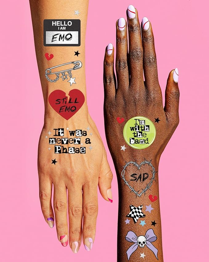 xo, Fetti Emo Temporary Tattoos - 54 Styles | Birthday Decorations, Grungy Accessory, Party Favors, Goth, Punk Rock, Dark Aesthetic, Sad Girl Accessories, Music Festival, Concert, Emo Night Supplies