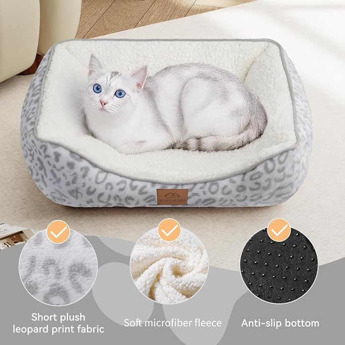 Zerbuger 20in White Leopard Rectangle Cat Dog Bed Machine Washable Sofa | Sleeping for Large Medium Small Pets Indoor Outdoor, Non-Slip Bottom Soft Puppy Bed Durable Orthopedic Calming Pet Cuddler